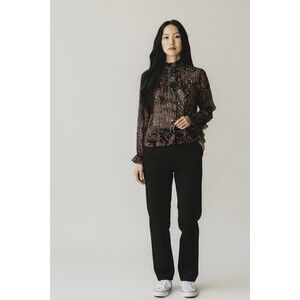 Women's Mango Black Metallic Paisley Button Up Blouse Size Small